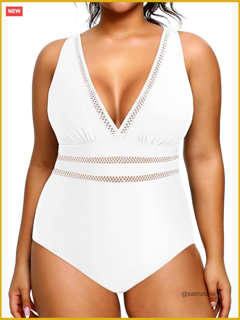 Plus Size One Piece Swimsuit V Neck Hollow Out See Through